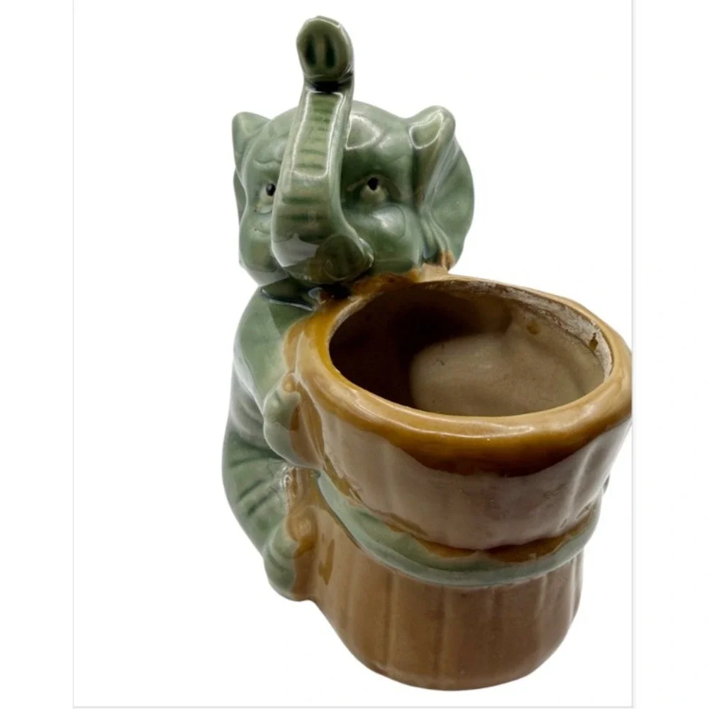 VTG Lucky Trunk Up Elephant Planter Cachepot Pair  Ceramic Green Brown MCM Decor